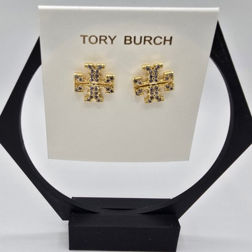 Tory Burch Gold Tone Icon Pave Stud Earrings NWOT